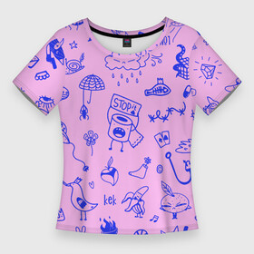 Женская футболка 3D Slim с принтом Doodle different characters and elements в Новосибирске,  |  | бумага | дудл | иллюстрация | каракули | кот | кошка | линии | паттерн | персонажи | розовый | синий | смешной | собака | тату | чайка | юмор