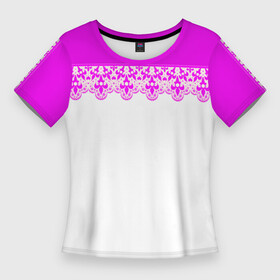 Женская футболка 3D Slim с принтом White and pink lace pattern в Новосибирске,  |  | Тематика изображения на принте: lace | lace pattern | white and pink | белый | кружевной узор | розовое кружево | розовый | розовый неон