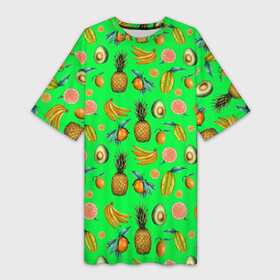 Платье-футболка 3D с принтом FAVORITE EXOTIC FRUITS в Новосибирске,  |  | Тематика изображения на принте: bananas | exotic | food | green | kiwi | leaf | lemon | natural | orange | pineapple | plant | sweet | tropical | yellow | ананас | апельсин | бананы | еда | желтый | зеленый | киви | лимон | лист | натуральный | оранжевый | растение | сладкий | тропическ