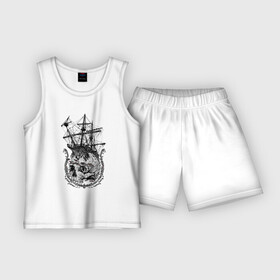 Детская пижама с шортами хлопок с принтом The frigate and the Pirate s Skull в Новосибирске,  |  | anchor | emblem | fish | frigate | mast | ornament | skull | мачта | орнамент | рыба | фрегат | череп | эмблема | якорь