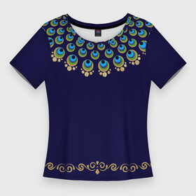 Женская футболка 3D Slim с принтом Павлиньи перья с вензелями в Новосибирске,  |  | богато | вензеля | воротник | дорого | красочный | круглый | нарядный | оперение | павлин | павлина | перо | перья | птица | разноцветный | узор | хвост | царский наряд | яркий