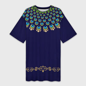 Платье-футболка 3D с принтом Павлиньи перья с вензелями в Новосибирске,  |  | Тематика изображения на принте: богато | вензеля | воротник | дорого | красочный | круглый | нарядный | оперение | павлин | павлина | перо | перья | птица | разноцветный | узор | хвост | царский наряд | яркий