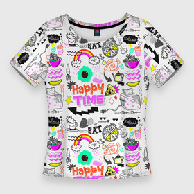 Женская футболка 3D Slim с принтом HAPPY TIME в Новосибирске,  |  | banana | bread | fish | flying saucer | food | fruit | happy | kettle | pizza | quotes | time | toaster | банан | время | еда | летающая тарелка | пицца | рыба | счастливый | тостер | фрукт | хлеб | цитаты | чайник