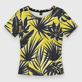 Женская футболка 3D Slim с принтом Красочная Тропическая Листва в Новосибирске,  |  | jungles | palm | palm tree | summer | букет | деревья | джунгли | лето | листья | пальма | природа | растение | тропики | флора | чёрный
