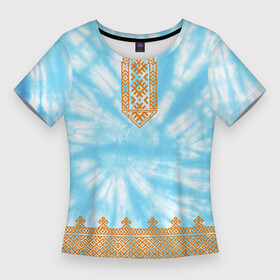 Женская футболка 3D Slim с принтом Славянская тай дай рубаха в Новосибирске,  |  | гжель | рубаха | русский орнамент | русский стиль | русь | славяне | славянская рубаха | тай дай | тайдай | узор | хохлома