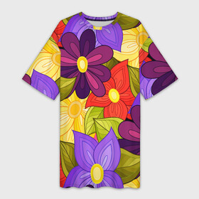 Платье-футболка 3D с принтом MULTICOLORED PANSIES в Новосибирске,  |  | blue | bouquet | flora | floral | flower | nature | pattern | pink | purple | spring | summer | watercolor | yellow | акварельный узор | анютины глазки | букет | весна | желтый | лето | листья | разноцветный | розовый | синий | фиолетовый | флора