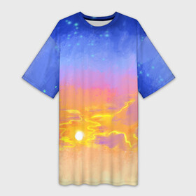 Платье-футболка 3D с принтом Закатное небо и звезды в Новосибирске,  |  | sky | stars | sundown | sunset | градиент | желтый | закат | звезды | небесный | небо | облака | оранжевый | пейзаж | синий | солнце | фиолетовый