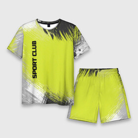 Мужской костюм с шортами 3D с принтом Sports club gray green pattern в Новосибирске,  |  | pattern | sports club | зеленый неоновый | пятна краски | серый | спорт | спортивный | спотривный клуб | черный