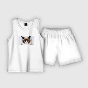 Детская пижама с шортами хлопок с принтом Грампи кэт в Новосибирске,  |  | Тематика изображения на принте: cat | grumpy | siamese | грампи | киса | кися | котик | котэ | кошка | кошки | сиам | сиамская | сиамский