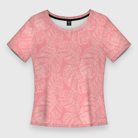 Женская футболка 3D Slim с принтом Бежевые листья монстеры на розовом в Новосибирске,  |  | beige | botanical | hawaii | jungle | leaves | light pink | monochrome | monstera | palm | pink | tropical | бежевый | ботанический | гавайи | джунгли | листья | монохромный | монстера | пальма | розовый | светло розовый | тропический