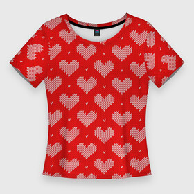 Женская футболка 3D Slim с принтом Вязаные Сердечки в Новосибирске,  |  | hearts | knitted | lace | red | white | белый | вязанные | красный | кружево | сердечки | сердца