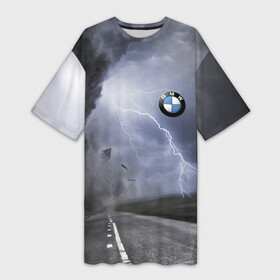 Платье-футболка 3D с принтом Никакая стихия не остановит BMW в Новосибирске,  |  | bmw | element | germany | lightning | nature | road | storm | storm cloud | tornado | бмв | германия | молния | природа | смерч | стихия | торнадо | туча | ураган