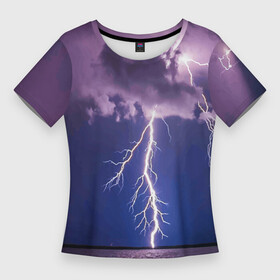 Женская футболка 3D Slim с принтом Разряд молний над океаном в Новосибирске,  |  | element | lightning | nature | ocean | storm | storm cloud | гроза | молнмя | океан | природа | стихия | туча