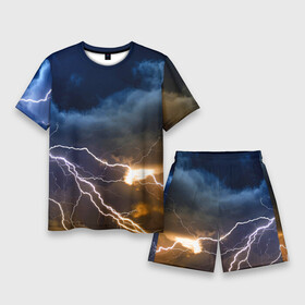 Мужской костюм с шортами 3D с принтом Разряд молнии в грозовом небе в Новосибирске,  |  | element | lightning | neon | sky | storm | storm cloud | гроза | молния | небо | неон | стихия | туча