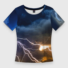 Женская футболка 3D Slim с принтом Разряд молнии в грозовом небе в Новосибирске,  |  | Тематика изображения на принте: element | lightning | neon | sky | storm | storm cloud | гроза | молния | небо | неон | стихия | туча