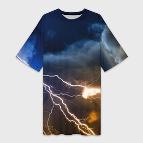 Платье-футболка 3D с принтом Разряд молнии в грозовом небе в Новосибирске,  |  | element | lightning | neon | sky | storm | storm cloud | гроза | молния | небо | неон | стихия | туча
