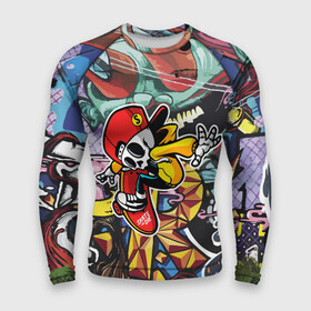 Мужской рашгард 3D с принтом Cool skater в Новосибирске,  |  | baseball cap | graffiti | skateboard | skater | skeleton | skull | sneakers | wall | бейсболка | граффити | кроссовки | скейтборд | скелет | стена | череп