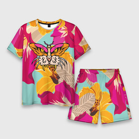 Мужской костюм с шортами 3D с принтом Цветы, бабочка и морда тигра в Новосибирске,  |  | Тематика изображения на принте: butterfly | fangs | flowers | illusion | jaw | tiger | бабочка | иллюзия | клыки | пасть | тигр | цветы