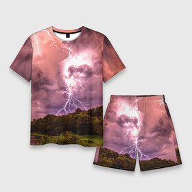 Мужской костюм с шортами 3D с принтом Грозовые разряды молний над лесным озером в Новосибирске,  |  | forest | lake | lightning | nature | storm | storm cloud | гроза | лес | молния | озеро | природа | туча