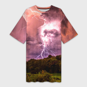 Платье-футболка 3D с принтом Грозовые разряды молний над лесным озером в Новосибирске,  |  | forest | lake | lightning | nature | storm | storm cloud | гроза | лес | молния | озеро | природа | туча