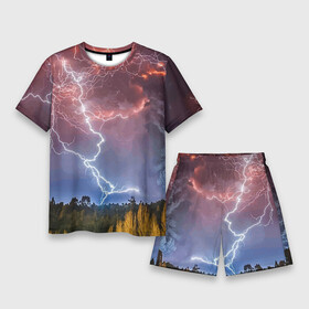 Мужской костюм с шортами 3D с принтом Грозовые разряды молний над лесом в Новосибирске,  |  | element | forest | lightning | nature | storm | storm cloud | гроза | лес | молния | природа | стихия | туча