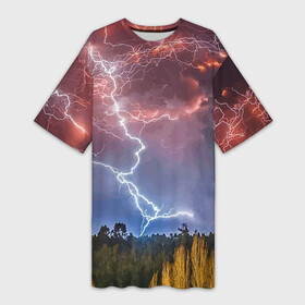 Платье-футболка 3D с принтом Грозовые разряды молний над лесом в Новосибирске,  |  | element | forest | lightning | nature | storm | storm cloud | гроза | лес | молния | природа | стихия | туча