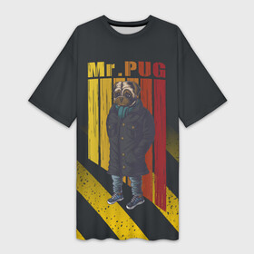 Платье-футболка 3D с принтом Мистер мопс в пальто в Новосибирске,  |  | pug | мистер | мопс | мопс в пальто | пес | пес в пальто | собака