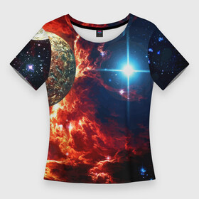 Женская футболка 3D Slim с принтом Яркая звезда в космическом пространстве в Новосибирске,  |  | Тематика изображения на принте: cosmos | neon | planet | space | star | космос | неон | облако | планета | пространство