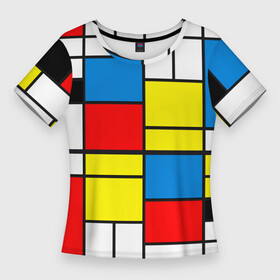 Женская футболка 3D Slim с принтом Texture of squares rectangles в Новосибирске,  |  | abstraction | black | lines | neoplasticism | rectangles | red | squares | white | абстракция | белый | желтый | квадраты | композиция | красный | красочный | линии | минимализм | неопластицизм | прямоугольники | ретро | синий