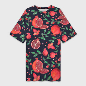 Платье-футболка 3D с принтом Красные гранаты на темном фоне в Новосибирске,  |  | greensoul | pomegranate | гранат | гранаты | красные гранаты | красные фрукты | фрукт | фрукты | цветы граната
