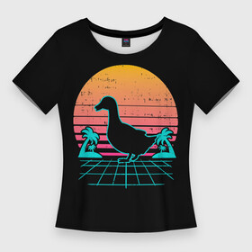 Женская футболка 3D Slim с принтом Ретро утка в Новосибирске,  |  | Тематика изображения на принте: 80 | 90 | duck | mesh | night | palm trees | retro | sunset | закат | ночь | пальмы | ретро | сансет | сетка | утка
