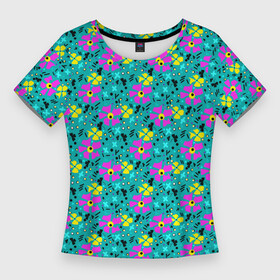 Женская футболка 3D Slim с принтом Яркий цветочный узор на бирюзовом фоне в Новосибирске,  |  | бирюзовый | детский принт | летний узор | розовые цветы | цветочный узор | цветы | яркий розовый