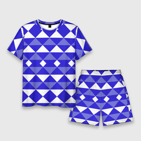 Мужской костюм с шортами 3D с принтом Бело синий геометрический узор в Новосибирске,  |  | белый | геометрические фигуры | геометрический узор | синий | треугольники
