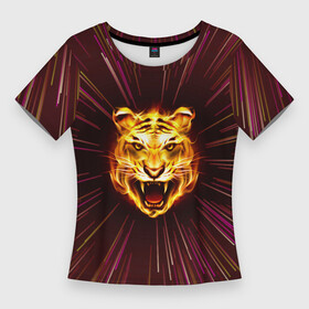 Женская футболка 3D Slim с принтом Stay Wild Tiger в Новосибирске,  |  | animals | cats wild | energy | flame | stay wild | tiger | wildlife | дикая | животные | кошка дикая | линии | пламя | полёт через вселенную | тигр | энергия