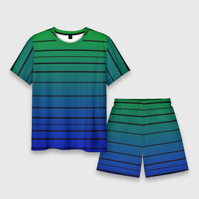 Мужской костюм с шортами 3D с принтом Черные полосы на синем, зеленом градиенте в Новосибирске,  |  | Тематика изображения на принте: black stripes | blue | gradient | green | horizontal | lines | minimalism | ombre | simple | striped | stripes | горизонталь | градиент | зеленый | линии | минимализм | омбре | полосатый | полосы | простой | синий | черные полосы