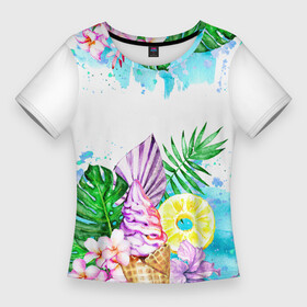 Женская футболка 3D Slim с принтом Тропический рай и мороженое в Новосибирске,  |  | Тематика изображения на принте: акварель | акварельный | ананас | летний | лето | лист пальмы | монстера | мороженое | отдых | рисунки | рисунок | тропики | тропический | фрукты | цветы | экзотические цветы | экзотический
