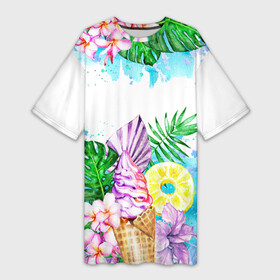 Платье-футболка 3D с принтом Тропический рай и мороженое в Новосибирске,  |  | Тематика изображения на принте: акварель | акварельный | ананас | летний | лето | лист пальмы | монстера | мороженое | отдых | рисунки | рисунок | тропики | тропический | фрукты | цветы | экзотические цветы | экзотический