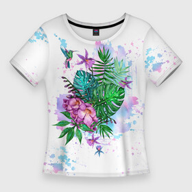 Женская футболка 3D Slim с принтом Тропический букет с колибри в Новосибирске,  |  | акварель | акварельный | букет | колибри | лето | лист пальмы | листья | монстера | отдых | птица | птичка | райская птица | растения | тропики | тропический | цветы | экзотика | экзотические цветы