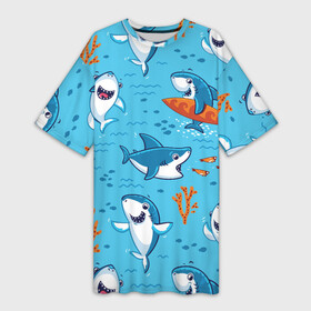 Платье-футболка 3D с принтом Прикольные акулята  паттерн в Новосибирске,  |  | coral | eyes | fin | fish | jaw | ocean | sea | shark | smile | summer | teeth | акула | глаза | зубы | коралл | лето | море | океан | пасть | плавник | рыба | улыбка
