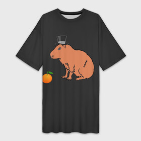 Платье-футболка 3D с принтом Капибара в цилиндре в Новосибирске,  |  | capybara | апельсин около капибары | капибара в шляпе | капибара мем | капибара с апельсином | морская свинка | покерфейс капибара | цилиндр