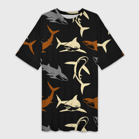 Платье-футболка 3D с принтом Стая акул  паттерн  ночной океан в Новосибирске,  |  | fin | jaw | night | ocean | pack | pattern | shark | tail | teeth | акула | зубы | ночь | океан | пасть | паттерн | плавник | стая | хвост