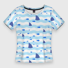 Женская футболка 3D Slim с принтом Волны, рыбки и плавники акул  паттерн в Новосибирске,  |  | fin | fish | pattern | shark | wave | акула | волна | паттерн | плавник | рыба