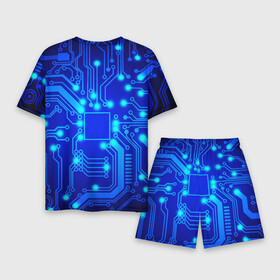Мужской костюм с шортами 3D с принтом Цветная микросхема в Новосибирске,  |  | beautiful | blue | chip | color | luminous board | neon | wiring diagram | красивый | неон | светящаяся плата | синий | цветной | чип | электросхема