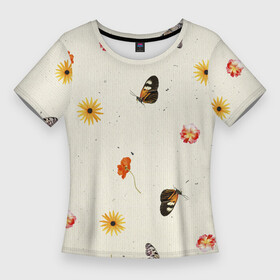 Женская футболка 3D Slim с принтом Оранжевые Цветы и Бабочки в Новосибирске,  |  | butt | butterflie | fruits | summer | бабочка | бабочки | букет | лето | сад | садоводство | флора | фрукты | цветы