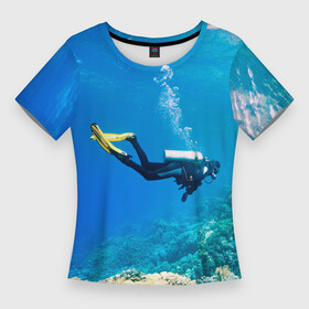 Женская футболка 3D Slim с принтом Аквалангист исследует коралловый риф в Новосибирске,  |  | ammunition | coral | diver | flippers | mask | ocean | reef | аквалангист | амуниция | коралл | ласты | маска | океан | риф