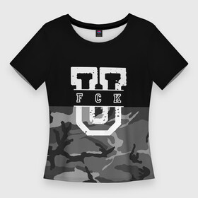 Женская футболка 3D Slim с принтом FCK gray military в Новосибирске,  |  | camouflage | censored | dark | fck | gray | military | phrase | text | аббревиатура | буквы | военный | камуфляж | латиница | мат | надпись | серый | слово | текст | темный | фраза