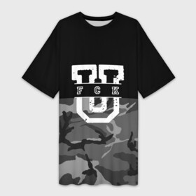 Платье-футболка 3D с принтом FCK gray military в Новосибирске,  |  | camouflage | censored | dark | fck | gray | military | phrase | text | аббревиатура | буквы | военный | камуфляж | латиница | мат | надпись | серый | слово | текст | темный | фраза