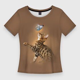 Женская футболка 3D Slim с принтом Бенгал котенок в Новосибирске,  |  | bengal cat | бабочка | бенгал | бенгальская кошка | бенгальский кот | бенгальский котенок | порода бенгал | снежный бенгал