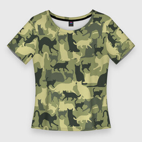 Женская футболка 3D Slim с принтом Кошачий камуфляж в зеленой гамме в Новосибирске,  |  | Тематика изображения на принте: camouflage | камуфляж | коты | маскировка | паттерн