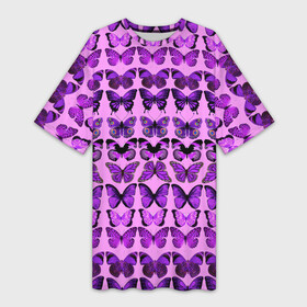 Платье-футболка 3D с принтом Purple butterflies в Новосибирске,  |  | background | beautiful | colorful | insect | pattern | wings | бабочки | красивый | красочные | крылья | насекомое | узор | фиолетовый | фон